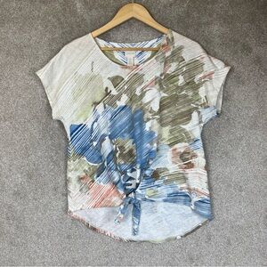 Chicos Shirt Womens 2 Blue Green Floral Tie Front Cap Sleeve Lightweight- 3630